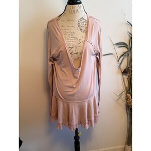 We The Free Free People Dusty Rose Ribbed Ruffle Hem Deep V-Neck Tunic Top Large
